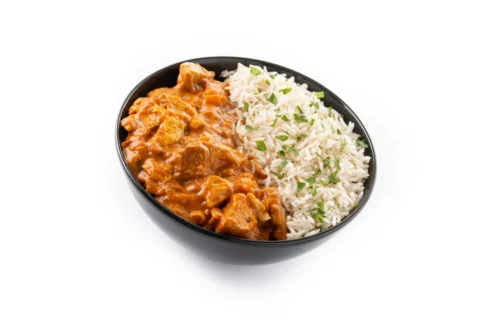 Chicken Over Rice with basmati rice and fresh salad