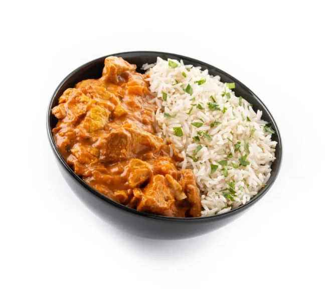 Chicken Over Rice with basmati rice and fresh salad
