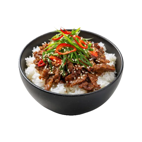 Beef Over Rice with yellow rice and fresh salad